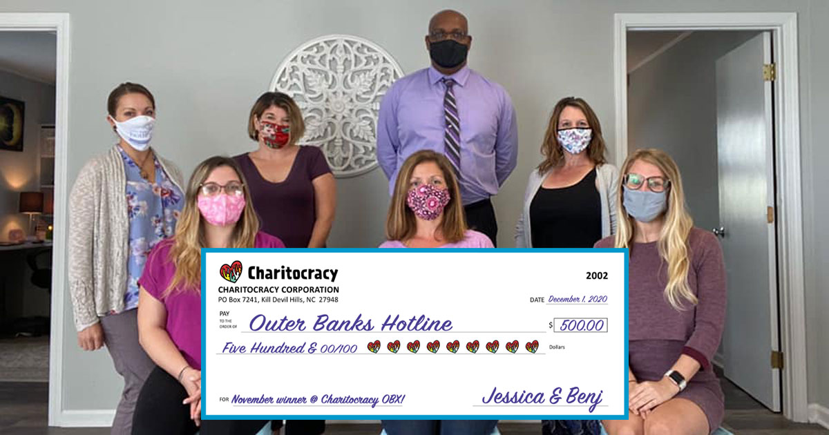 Charitocracy OBX's 2nd check to November winner Outer Banks Hotline for $500
