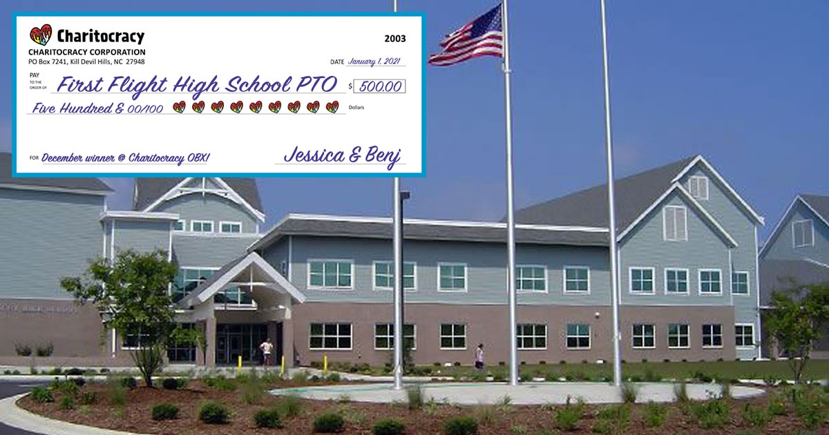 Charitocracy OBX's 3rd check to December winner First Flight High School PTO for $500