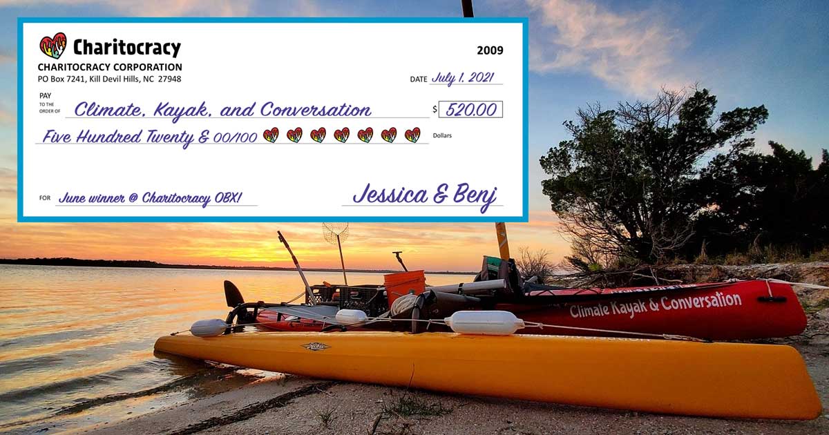 Charitocracy OBX's 9th check to June winner Climate, Kayak, and Conversation for $520