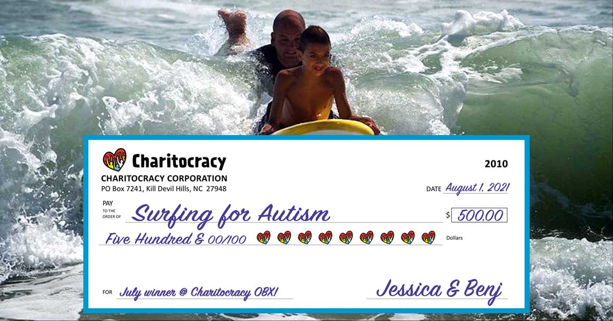 Charitocracy OBX's 10th check to July winner Surfing for Autism for $500
