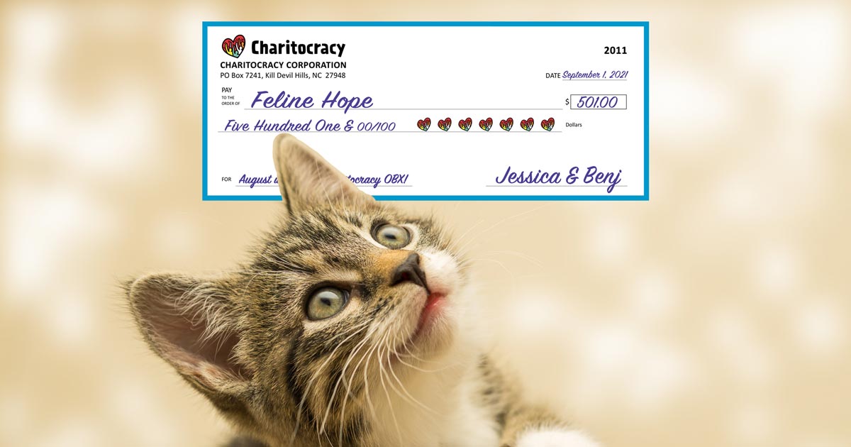 Charitocracy OBX's 11th check to August winner Feline Hope for $501