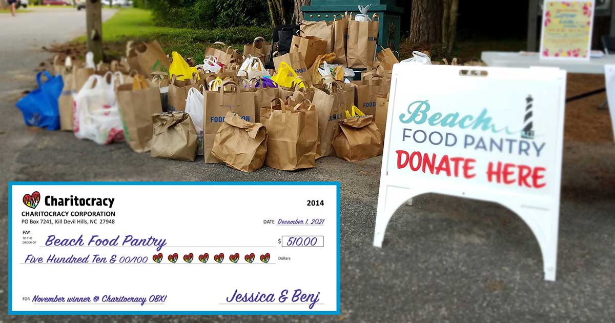 Charitocracy OBX's 14th check to November winner Beach Food Pantry for $510
