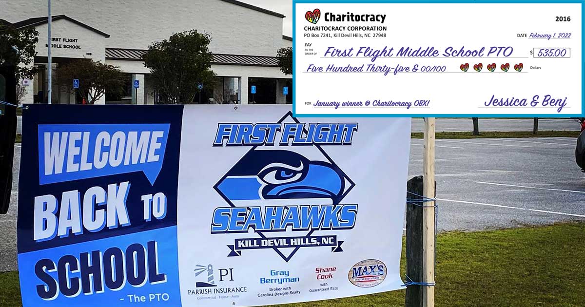 Charitocracy OBX's 16th check to January winner First Flight Middle School PTO for $535