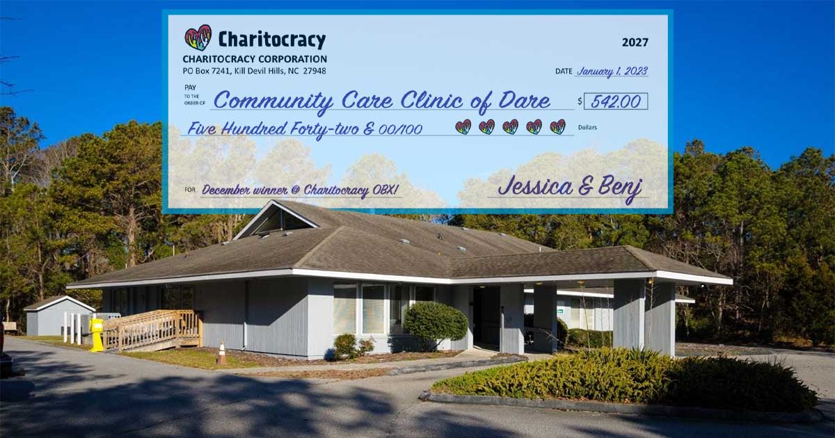 Charitocracy OBX's 27th check to December winner Community Care Clinic of Dare for $542