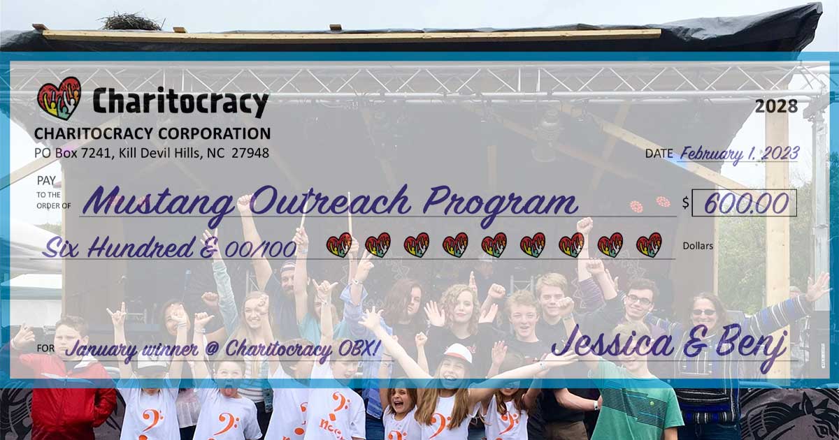 Charitocracy OBX's 28th check to January winner Mustang Outreach Program for $600